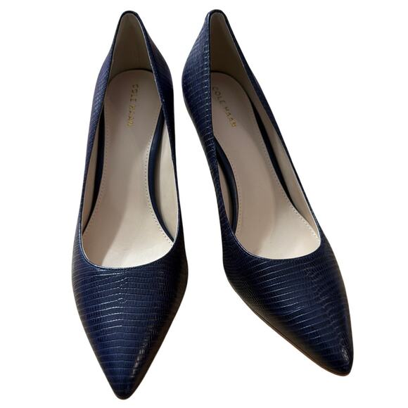 Cole Haan Women's Marine Blue Lizard Print Gemma Logo Pumps Size 8.5 8 1/2 - Picture 1 of 9